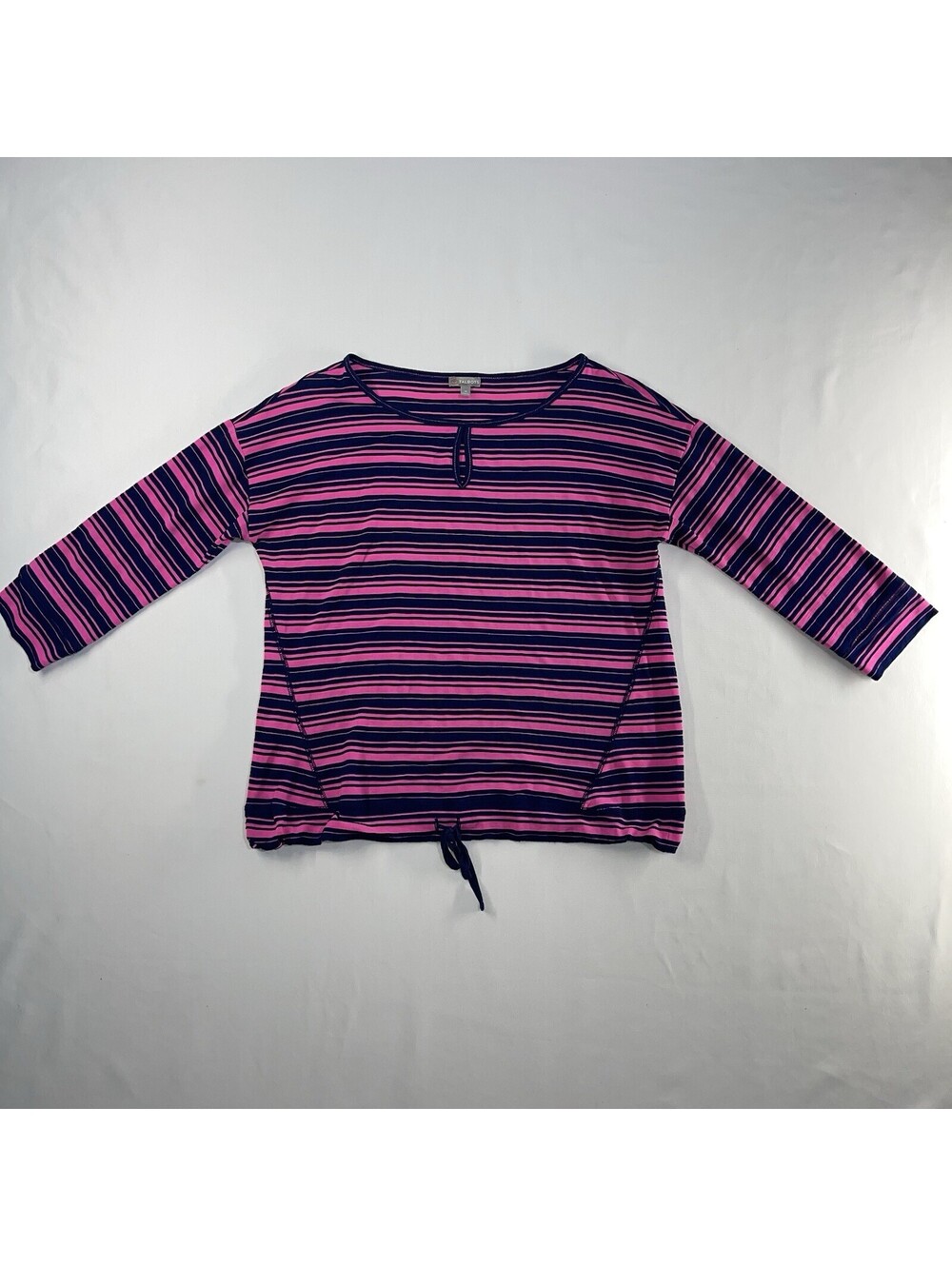 T By Talbots Top Womens Medium Striped 3/4 Sleeve Pink Navy Blue Toe Front Boho